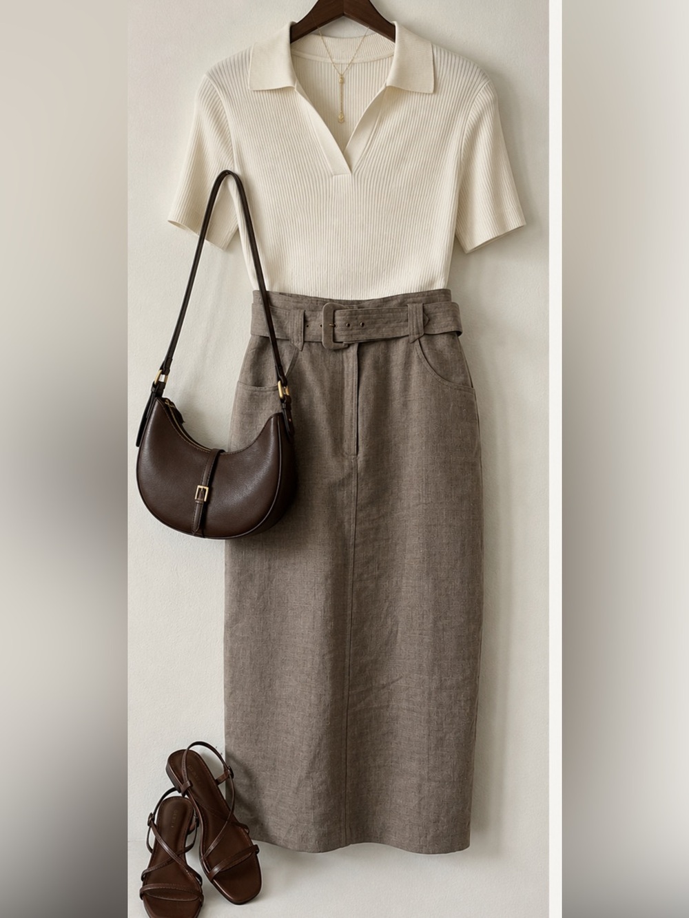 Andrea Jovine Neutral Taupe Belted Pencil Skirt